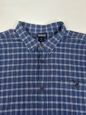 Patagonia Shirt Mens XXL Blue Puckerware Plaid Seersucker SS Gorpcore Outdoor